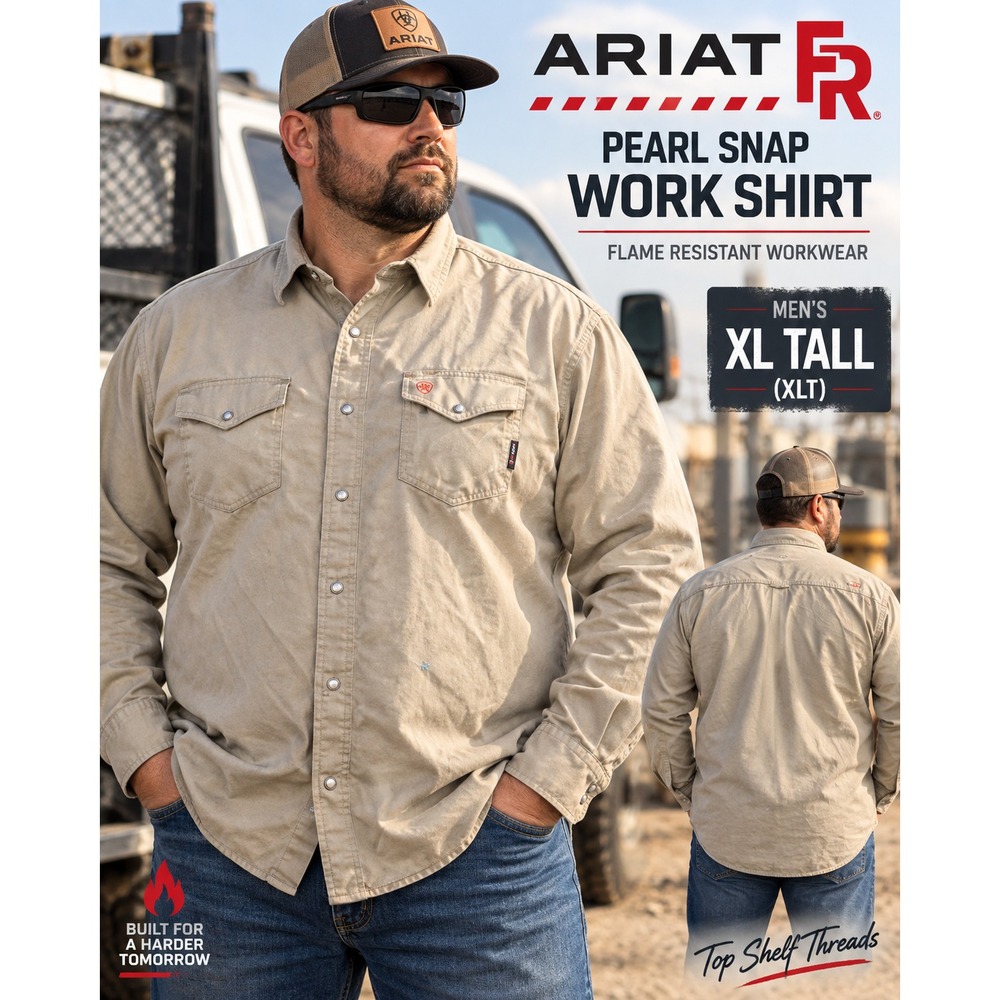 Ariat FR Men XL Tall Khaki Pearl Snap CAT 2 Western Workwear Cotton Blend Shirt